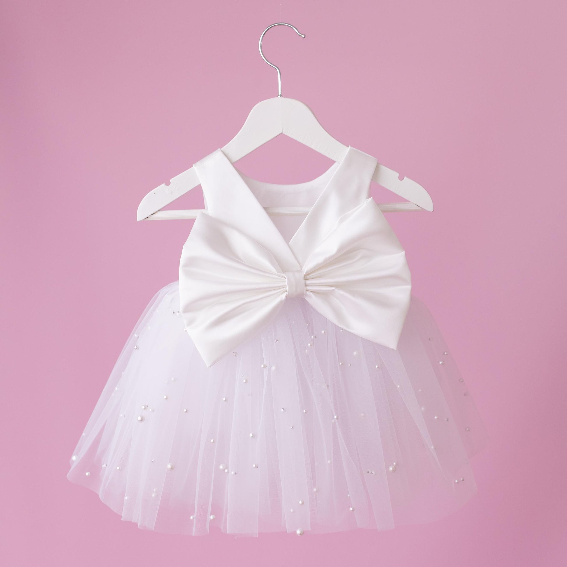 Elegant Pearl Tulle Satin Flower Girl Dress & Diaper Cover Set