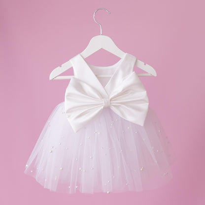 Elegant Pearl Tulle Satin Flower Girl Dress & Diaper Cover Set