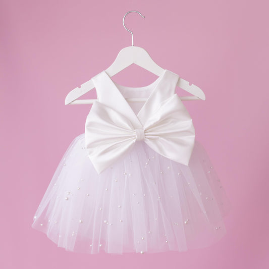 Elegant Pearl Tulle Satin Flower Girl Dress & Diaper Cover Set