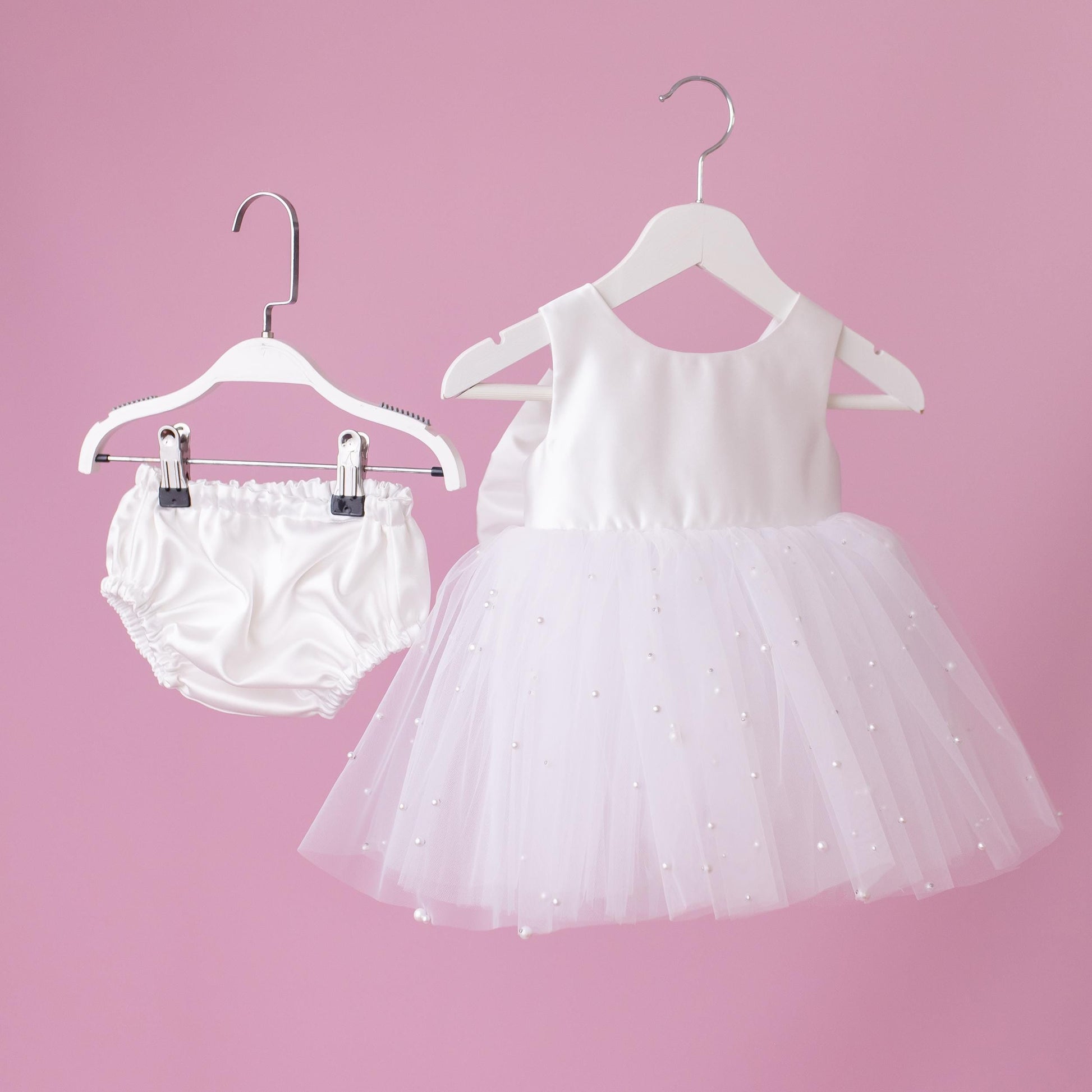 Elegant Pearl Tulle Satin Flower Girl Dress & Diaper Cover Set