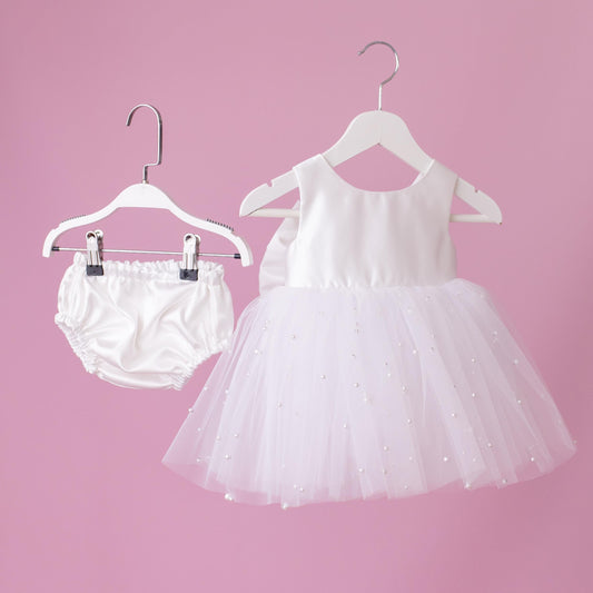 Elegant Pearl Tulle Satin Flower Girl Dress & Diaper Cover Set