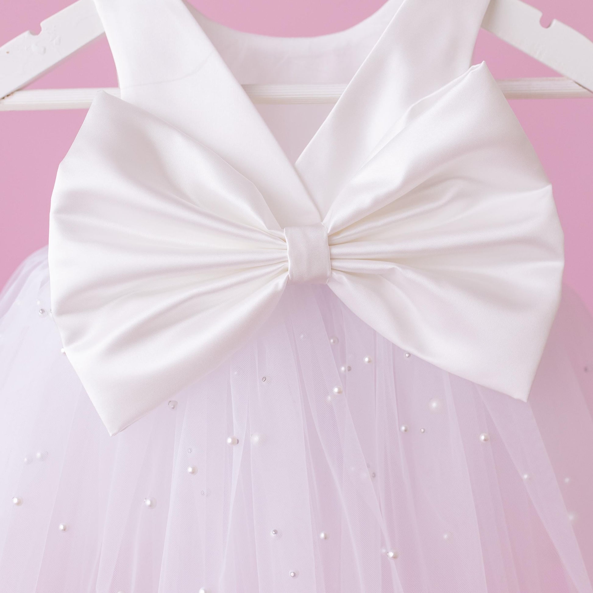 Elegant Pearl Tulle Satin Flower Girl Dress & Diaper Cover Set