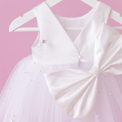 Elegant Pearl Tulle Satin Flower Girl Dress & Diaper Cover Set