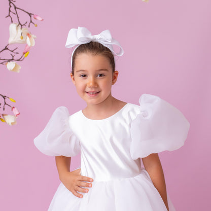 Luxurious Organza Flower Girl Wedding Dress, Princess Communion Gown, Tea Length, Big Bow, V-Neck