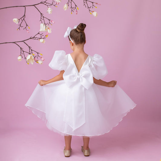 Luxurious Organza Flower Girl Wedding Dress, Princess Communion Gown, Tea Length, Big Bow, V-Neck