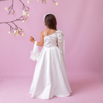 Pure White Satin Flower Girl Dress: Elegant One-Shoulder Gown with Oversized Bow