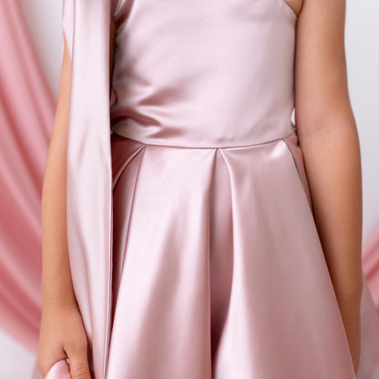 Elegant Blush Satin One Shoulder Flower Girl Dress with Oversized Bow