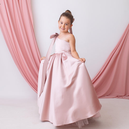 Elegant Blush Satin One Shoulder Flower Girl Dress with Oversized Bow