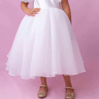 Luxurious Organza Flower Girl Wedding Dress, Princess Communion Gown, Tea Length, Big Bow, V-Neck