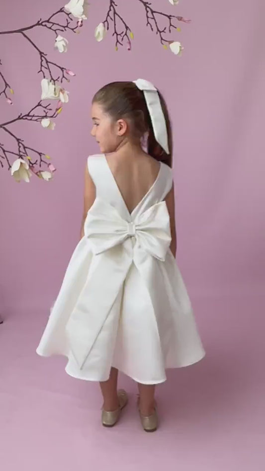 Ivory Satin Flower Girl Dress: V-Back Wedding Gown with Bow