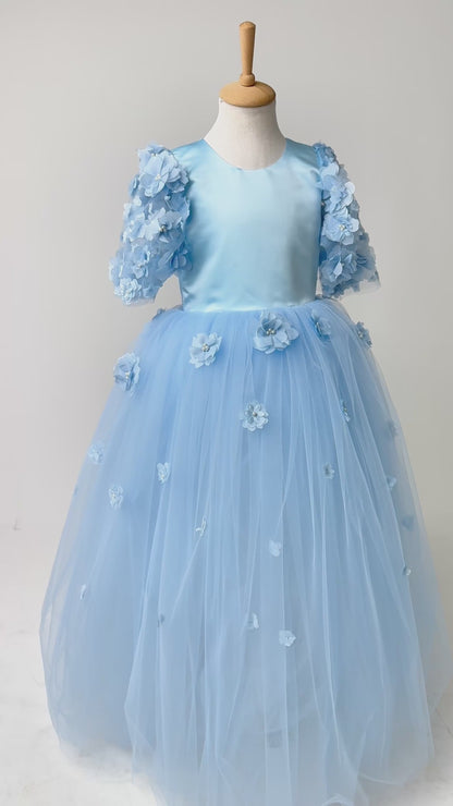 Baby Blue Satin Flower Girl Dress with Flower Hairbow - Personalized Wedding Gown for Girls