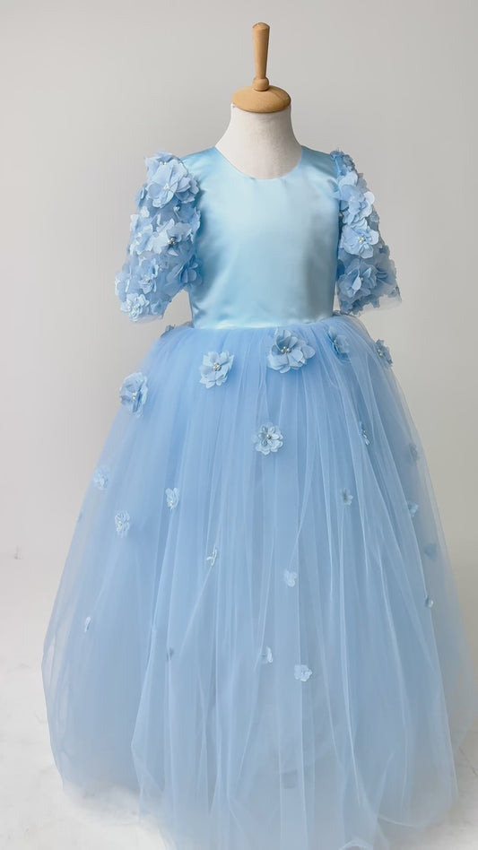 Baby Blue Satin Flower Girl Dress with Flower Hairbow - Personalized Wedding Gown for Girls