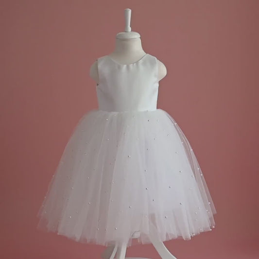Pearl Tulle Flower Girl Dress: V-Neck Satin Bow Wedding Dress