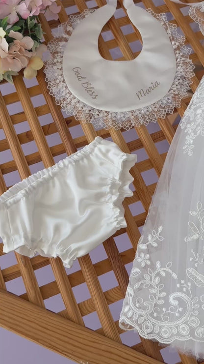 Baptism Dress for Girl | Christening Gown Set | Lace Handmade Bonnet and Shoes