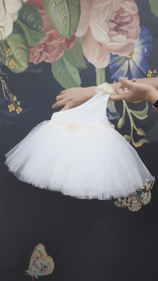 One Shoulder Flower Girl Tutu Dress: Knee Length Wedding Communion