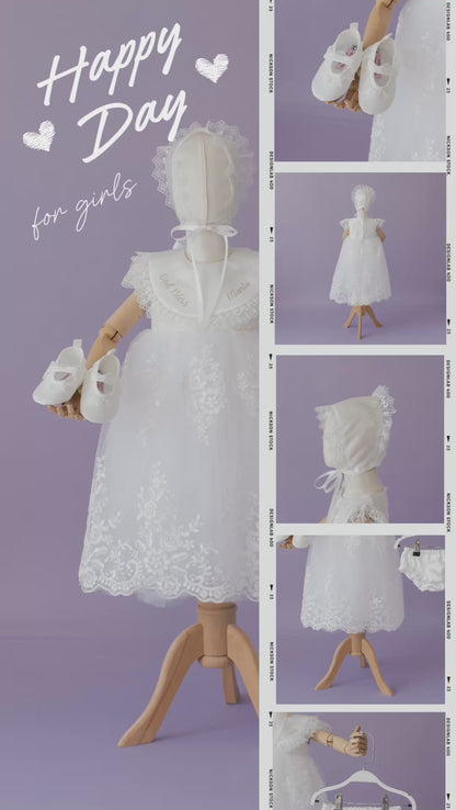 Baptism Dress for Girl | Christening Gown Set | Lace Handmade Bonnet and Shoes