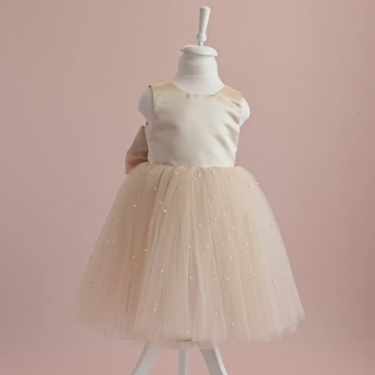 Champagne Pearl Tulle Flower Girl Dress: Elegant Satin Bow Gown