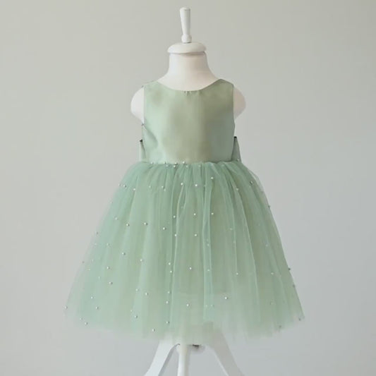 Sage Green Tulle Flower Girl Dress: Pearl Wedding Party Dress