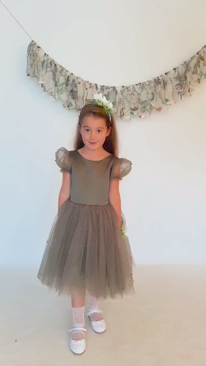 Olive Green Pearl Tulle Flower Girl Dress: Short Sleeves Satin Bodice