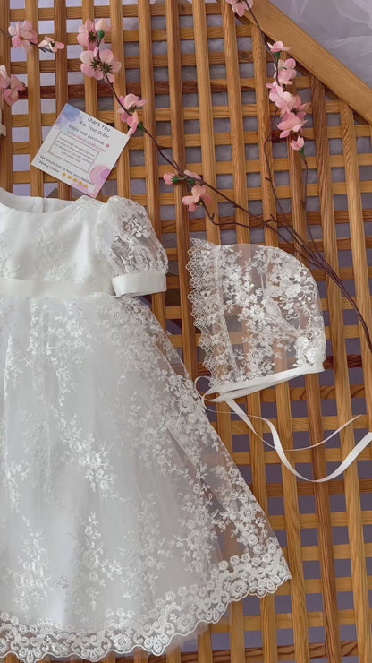 Handmade Baby Girl Baptism Dress White Lace Christening Gown with Bonnet Heirloom Blessing Outfit