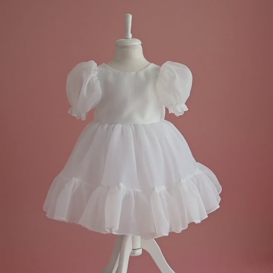 White Organza Flower Girl Dress with Bow: First Communion, Party Dress