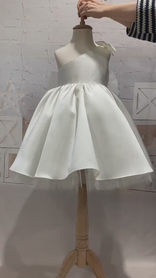 Satin  Flower Girl and Communion Dress: One Shoulder Tulle, Big Bow
