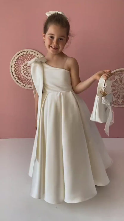 Ivory Satin Flower Girl Dress: One-Shoulder Gown with Bow