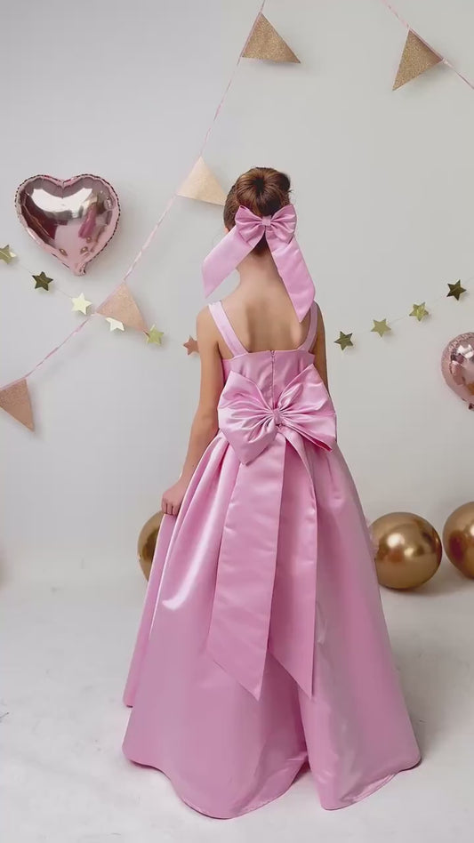 Pink Satin Flower Girl Dress Wedding Gown with Bow Tulle Bridesmaid Communion Formal
