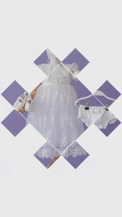 Handmade Baby Girl Baptism Dress White Lace Christening Gown with Bonnet Heirloom Blessing Outfit