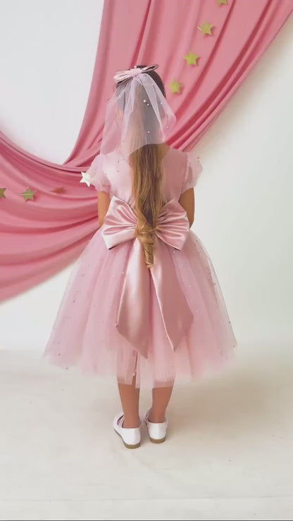 Blush Pink Pearl Short Sleeve Tulle Flower Girl Wedding Dress: Satin Bodice, Bow Accent