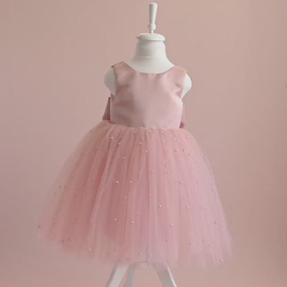 Blush Pink Pearl Tulle Flower Girl Dress: Satin Bodice, Bow Accent