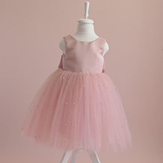 Blush Pink Pearl Tulle Flower Girl Dress: Satin Bodice, Bow Accent