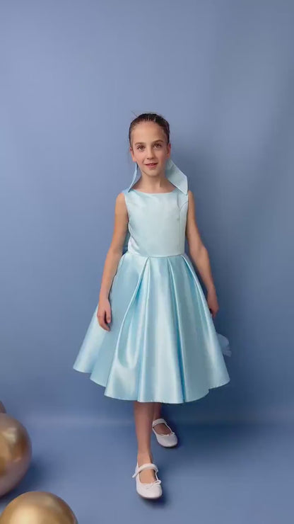 Baby Blue Satin Flower Girl Dress: V-Back Wedding Gown with Bow
