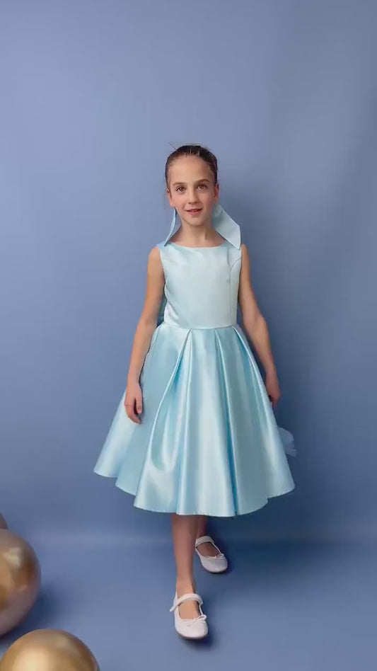 Baby Blue Satin Flower Girl Dress: V-Back Wedding Gown with Bow
