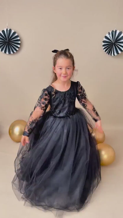 Black Lace Tulle Flower Girl Dress: V-Back Satin Bow Gown