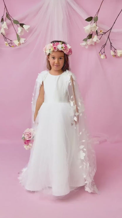 Elegant Satin Flower Girl Dress with Flower Crown - Personalized Wedding Gown for Girls