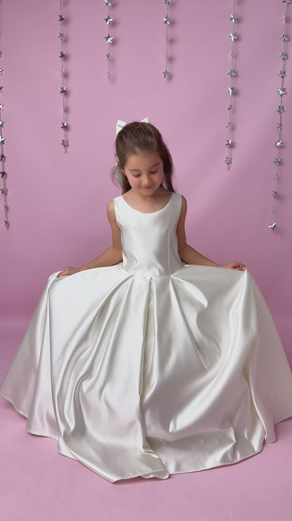 Ivory Satin Flower Girl Dress: Wedding Gown with Bow