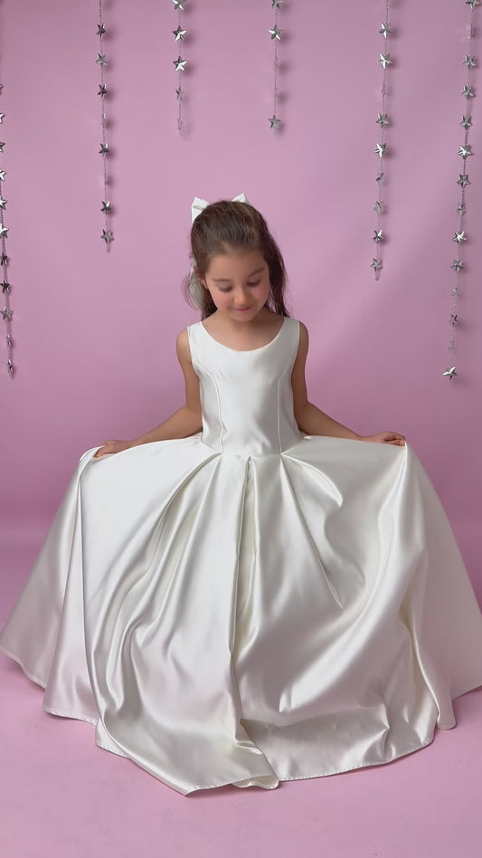 Ivory Satin Flower Girl Dress: Wedding Gown with Bow
