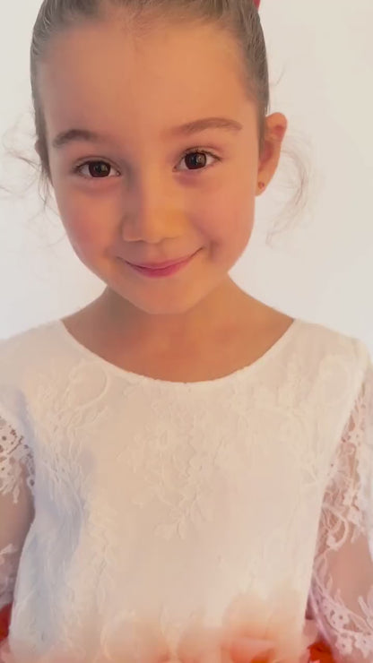 Burnt Orange Tulle Flower Girl Dress, Lace V-Back, Fall Wedding