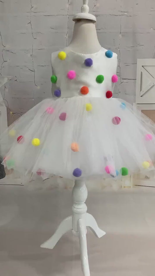 Pompom Tulle Baby Girl Dress: Rainbow Fluffy Costume
