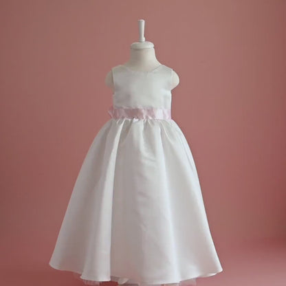 White Satin Flower Girl Dress: Big Bow, Floor Length