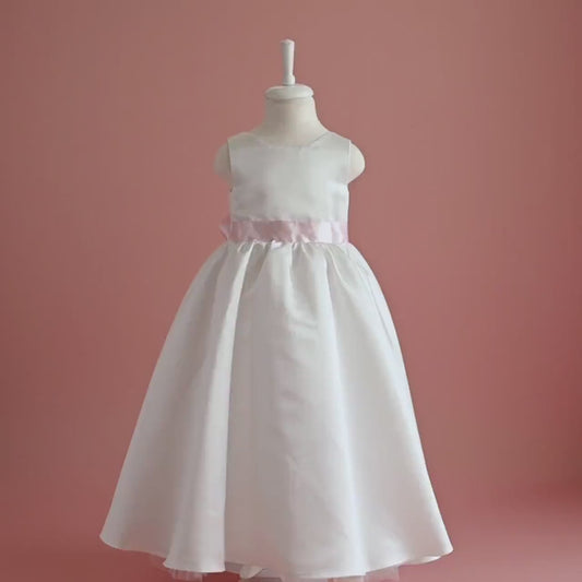 White Satin Flower Girl Dress: Big Bow, Floor Length