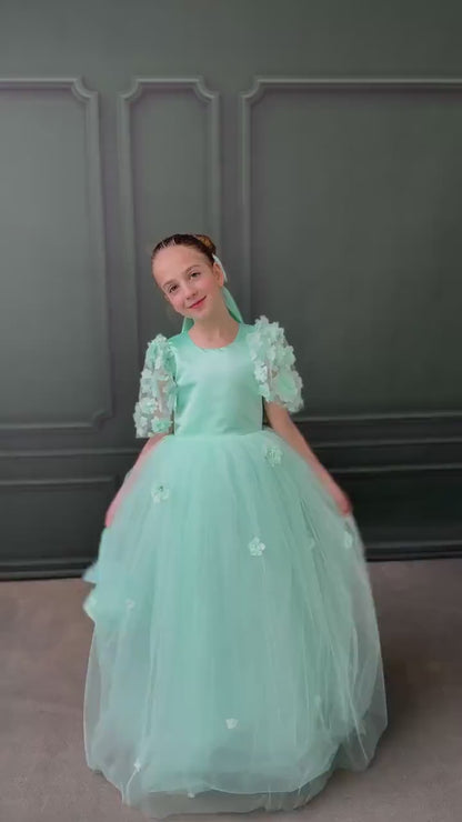 Mint Green Satin Flower Girl Dress with Flower Hairbow - Personalized Wedding Gown for Girls