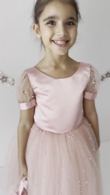 Blush Pearl Tulle Flower Girl Dress: V-Neck Communion, Baptism