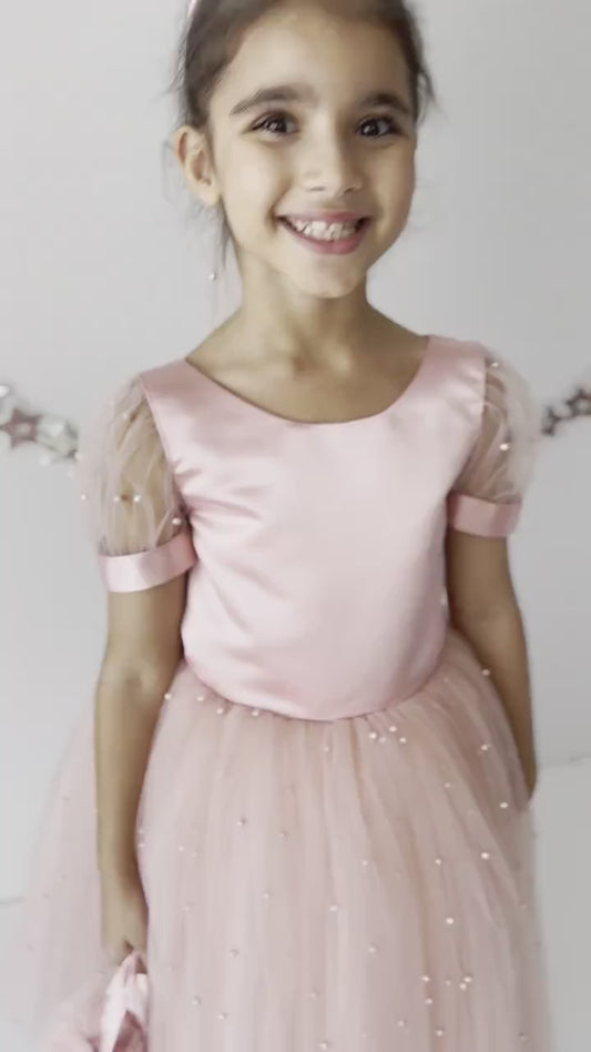 Blush Pearl Tulle Flower Girl Dress: V-Neck Communion, Baptism