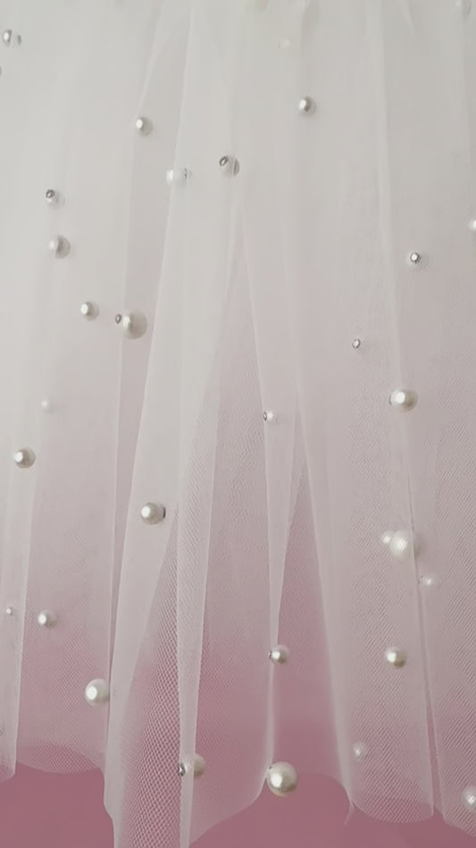 Pearl Tulle Flower Girl Dress Set with Satin Diaper Cover