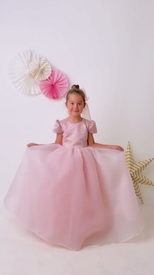 Elegant Blush Pink Flower Girl Dress with Pearls, Satin Bows