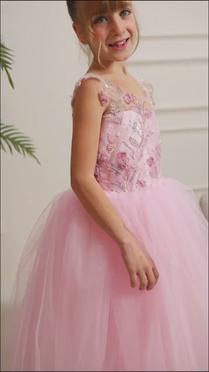 Blush Pink 3D Flower Girl Dress: Tulle & Lace Princess Gown