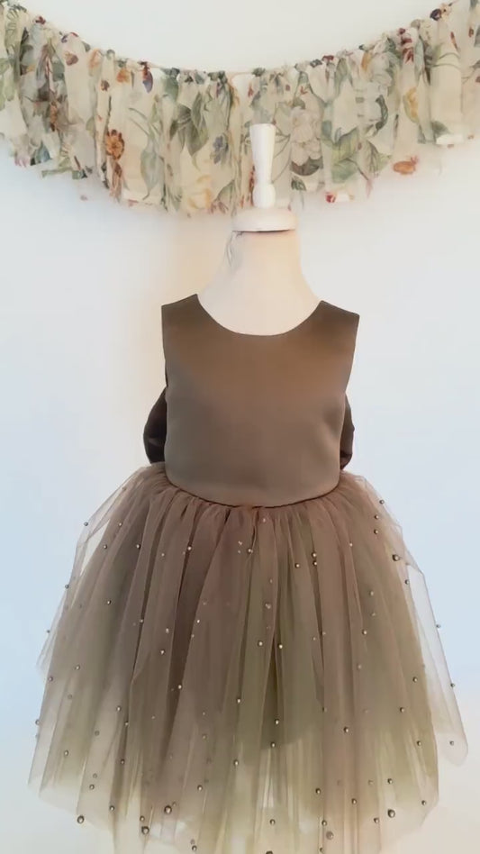 Olive Green Tulle Flower Girl Dress with Pearl Accents for Wedding, Party & Communion