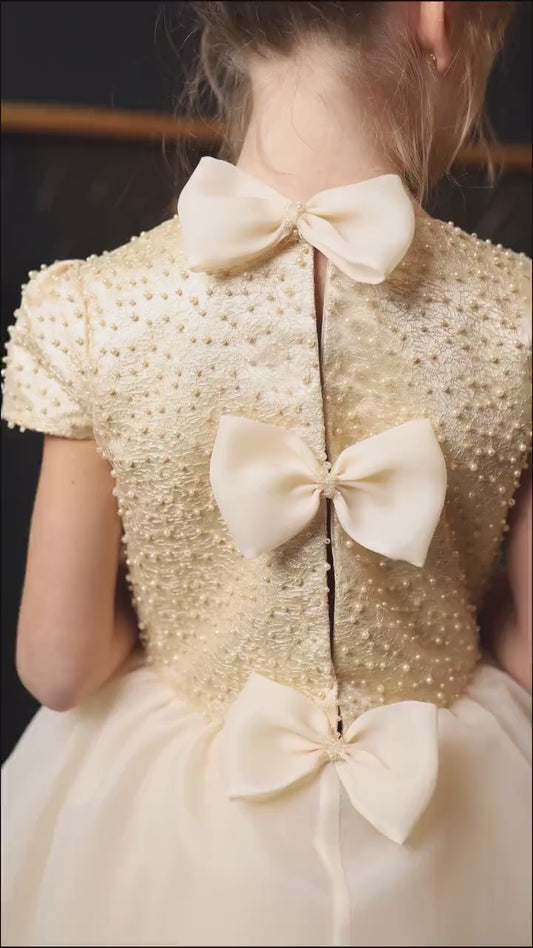 Elegant Champagne Floor-Length Flower Girl Dress with Pearls,Bows